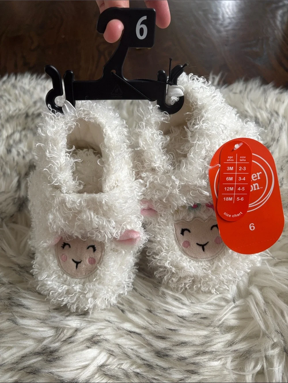 NWT Baby Girl White Plush Lamb Slippers Size 6